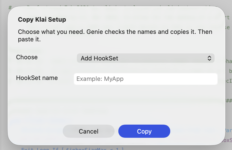 Genie Add HookSet dialog for Klai