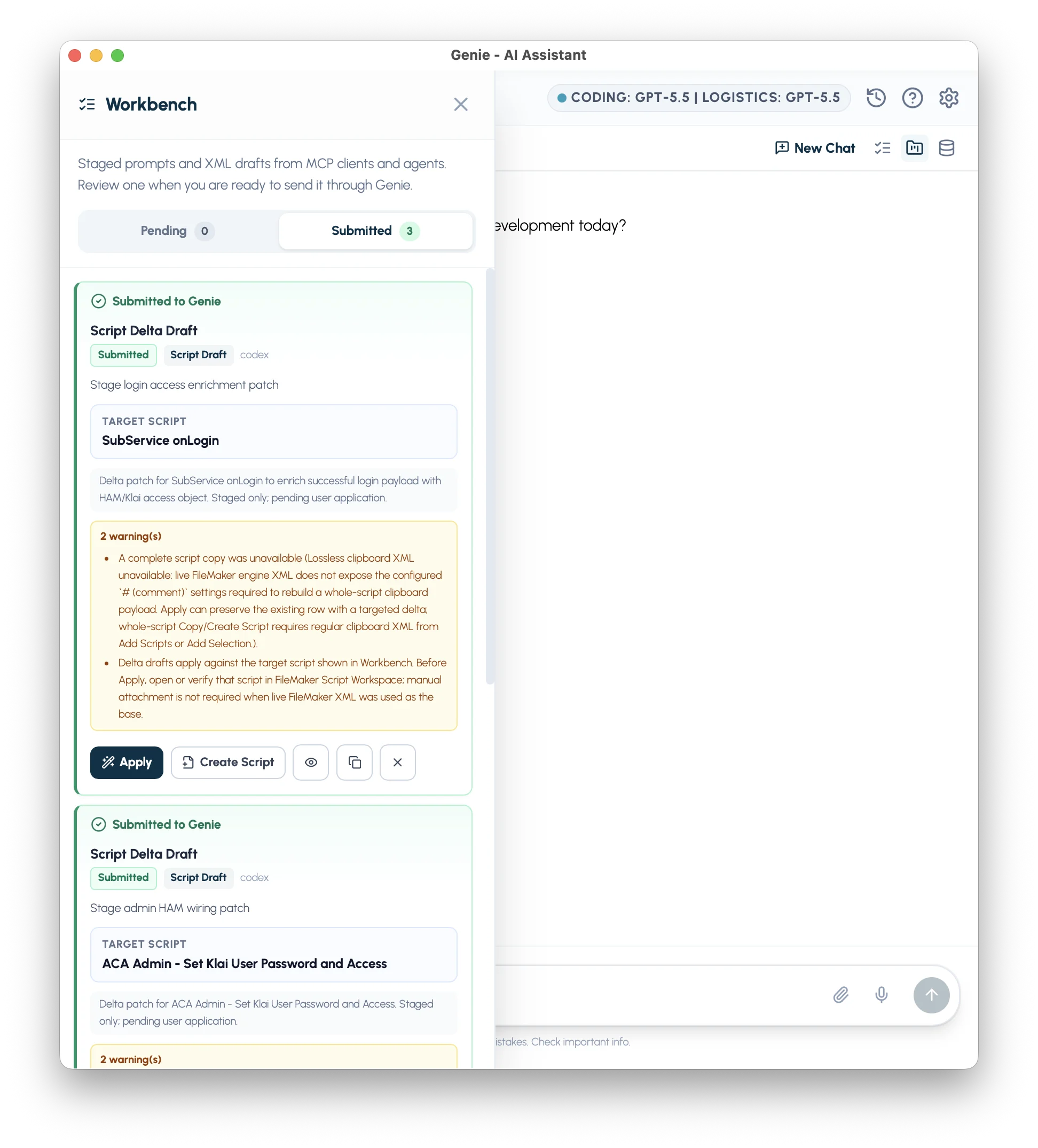 Genie Workbench showing staged FileMaker work