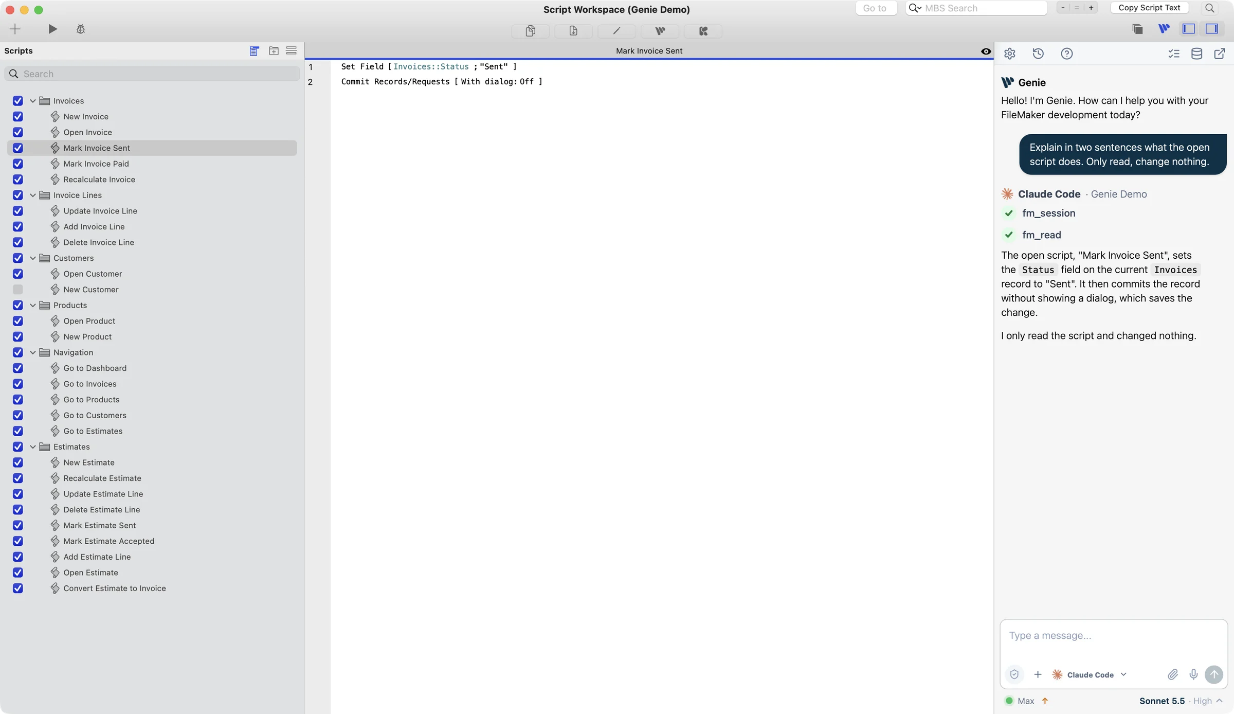 Claude Code answering in Genie’s panel, docked beside a script in Script Workspace