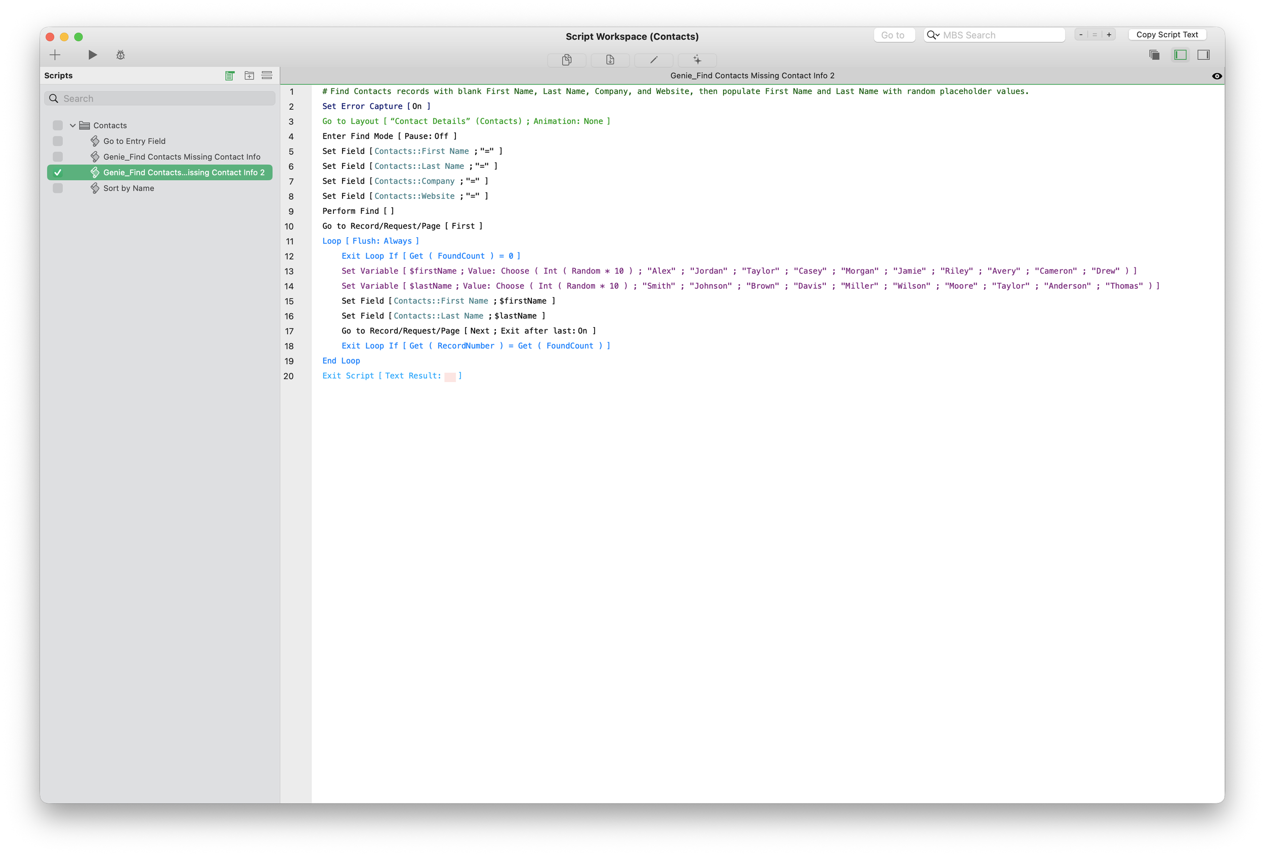 The newly created script is applied in Script Workspace.