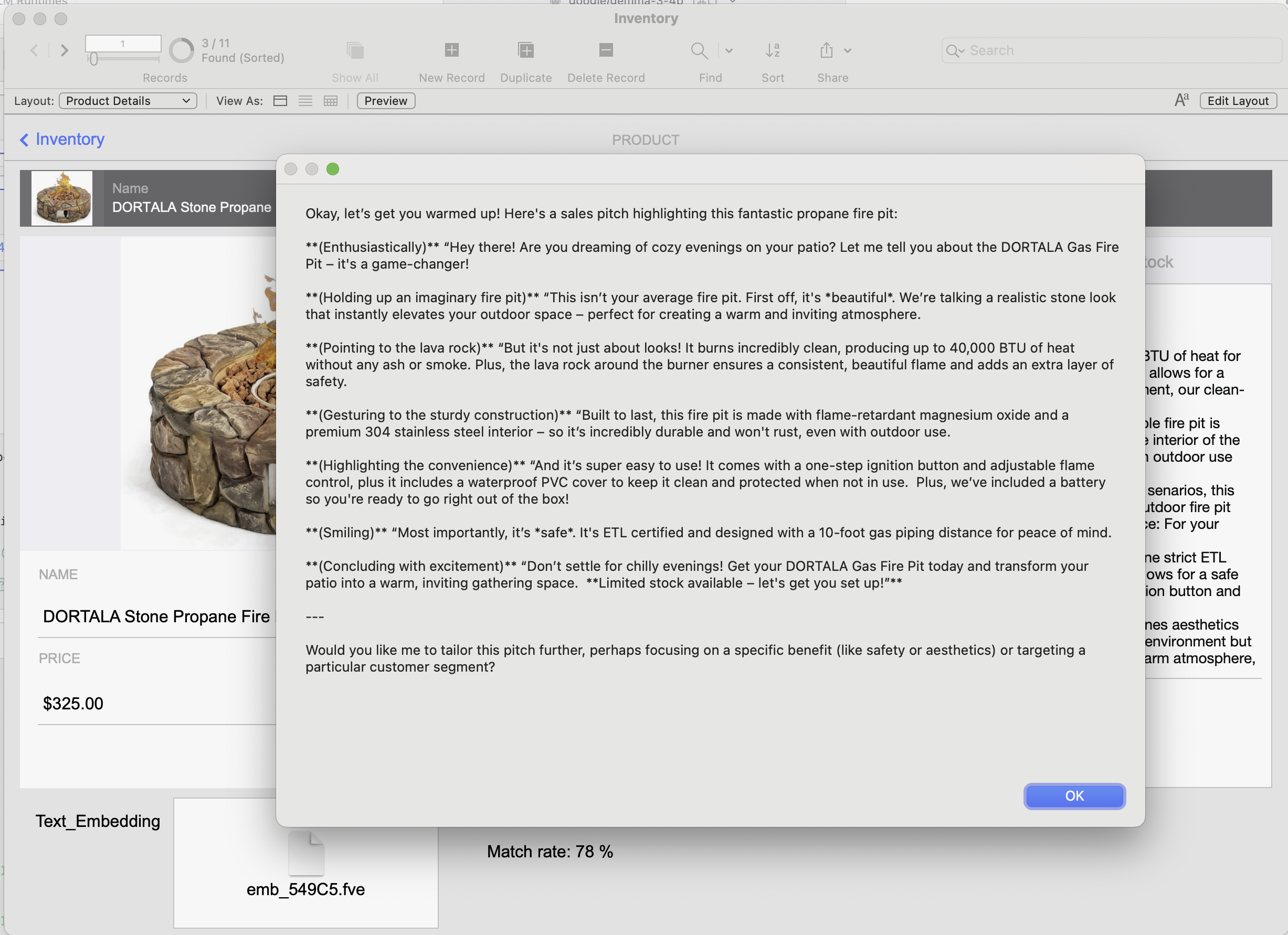 Final result: a clean, conversational sales pitch generated from the product description by our local AI.