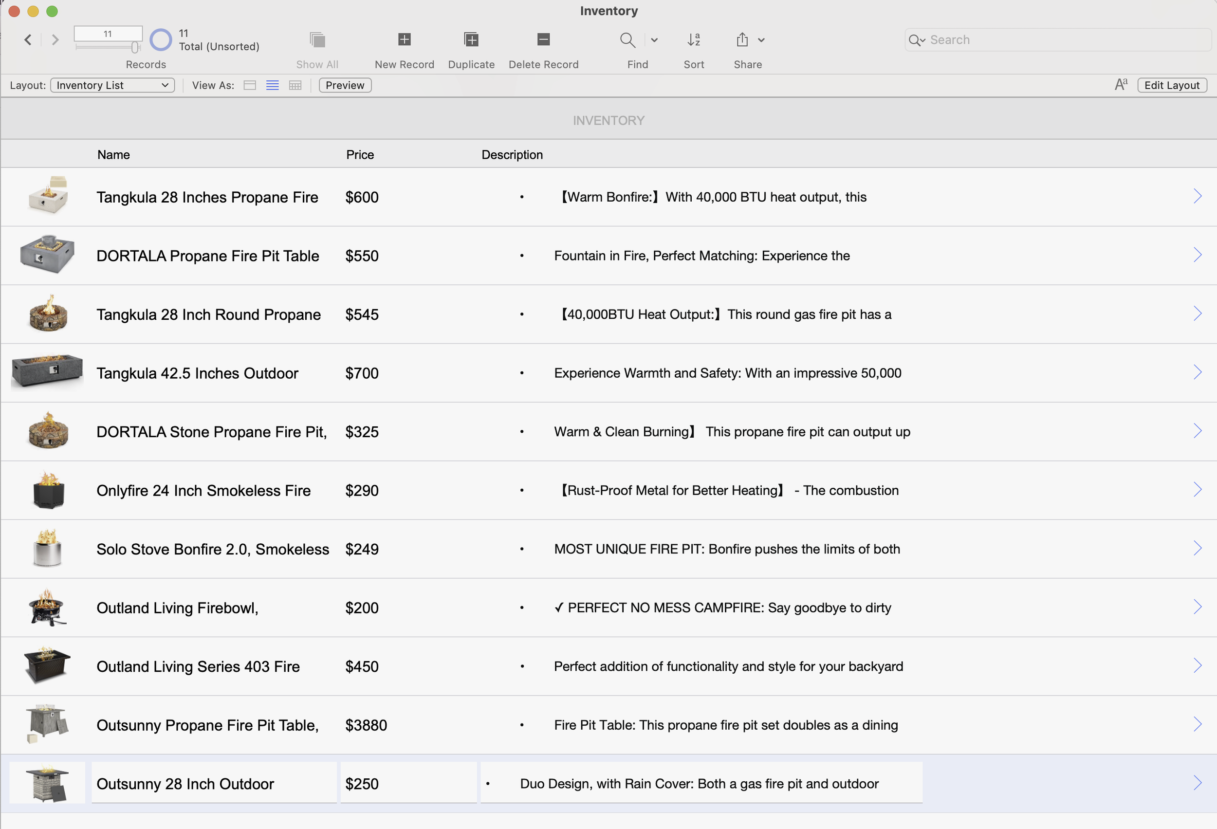 List of fire pits that we will embed using our LLM model