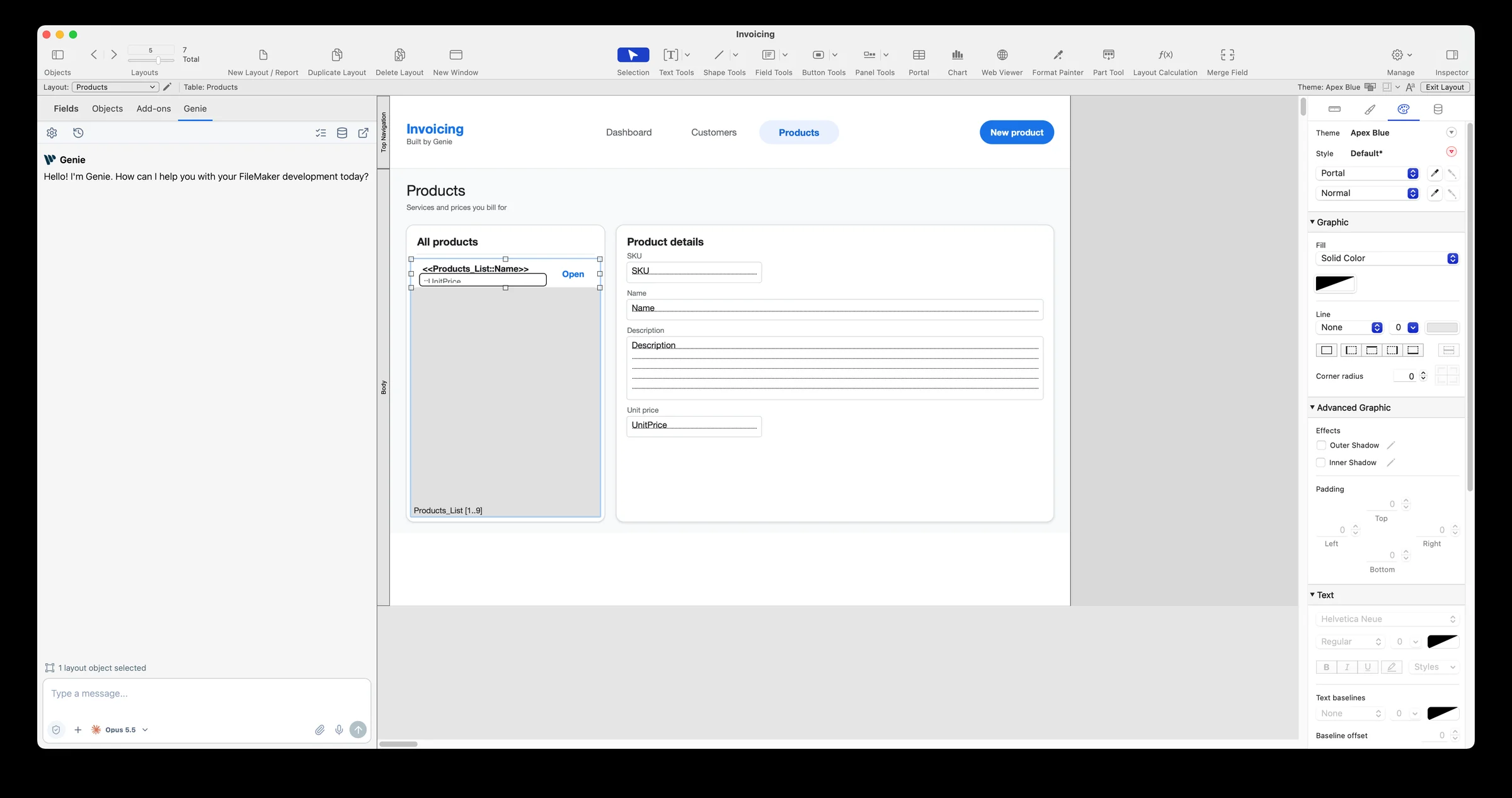 Layout mode with the Genie tab open on the left