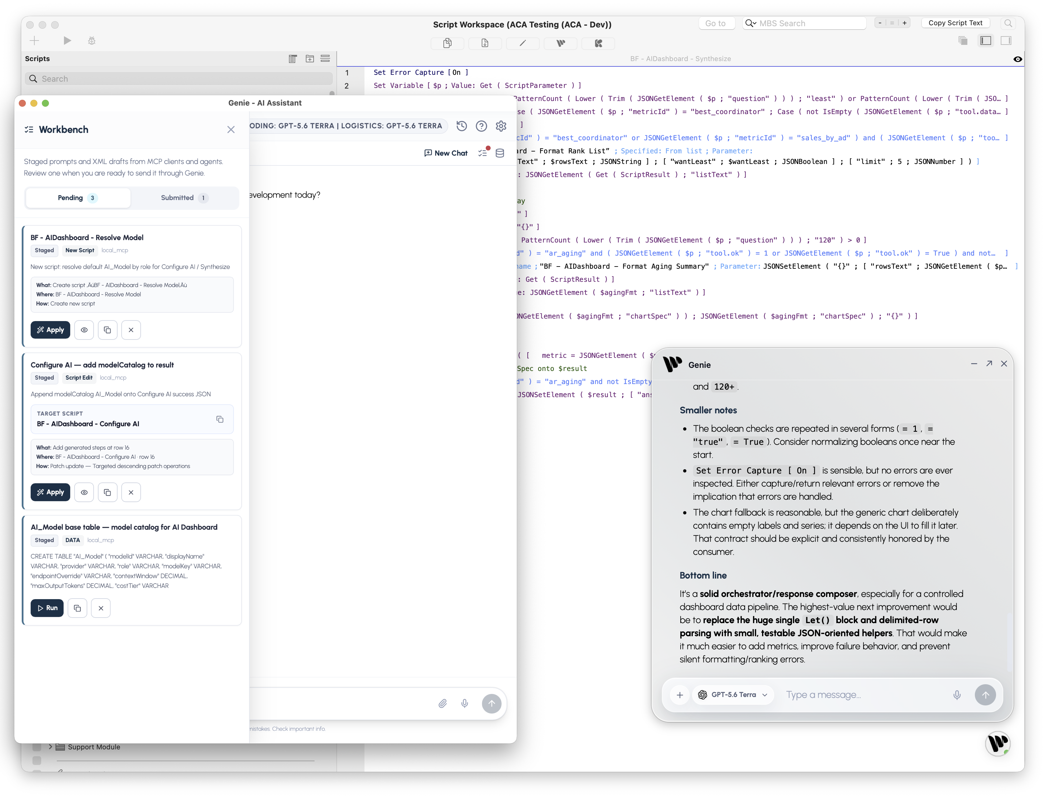 FileMaker Script Workspace with Genie Workbench open on the left and the Genie assistant answering a question.