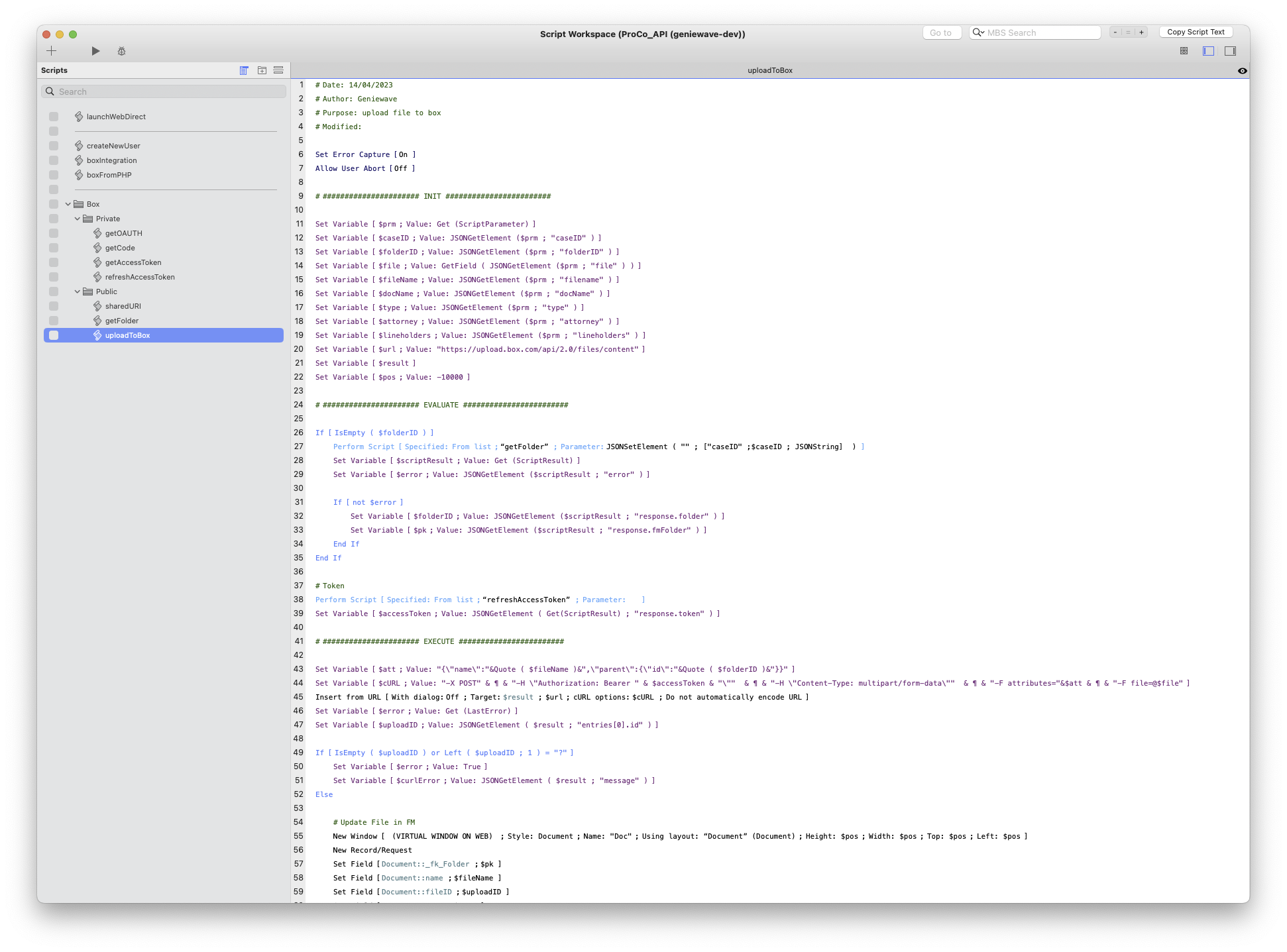 A screenshot of a script editor window titled 'ProCore_API', with various lines of code in different colors, organized into sections and subsections with commen