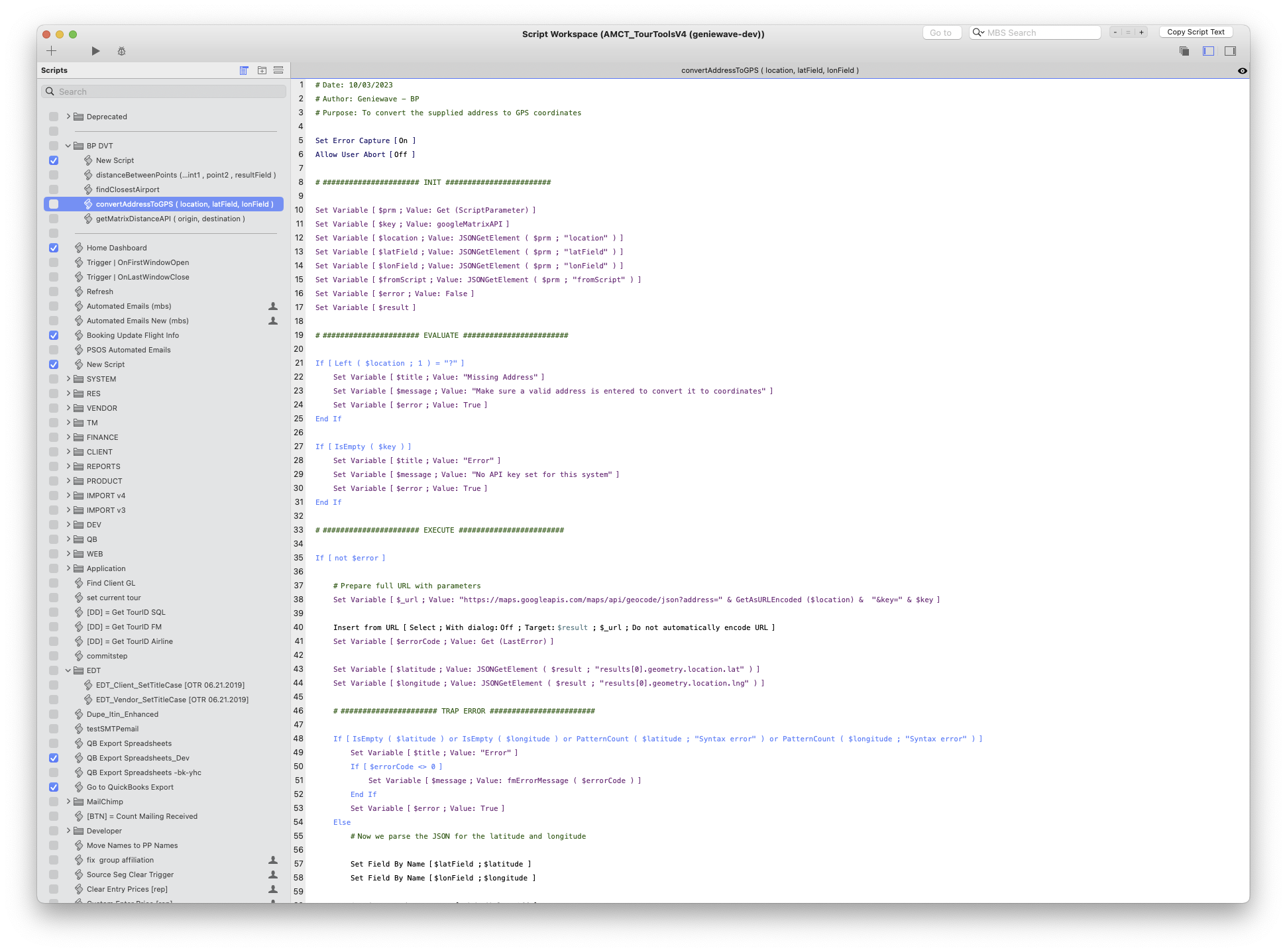 Screenshot of a computer screen displaying a script workspace with a script titled 'convertAddressToGPS' open, showing code for converting an address to GPS coo