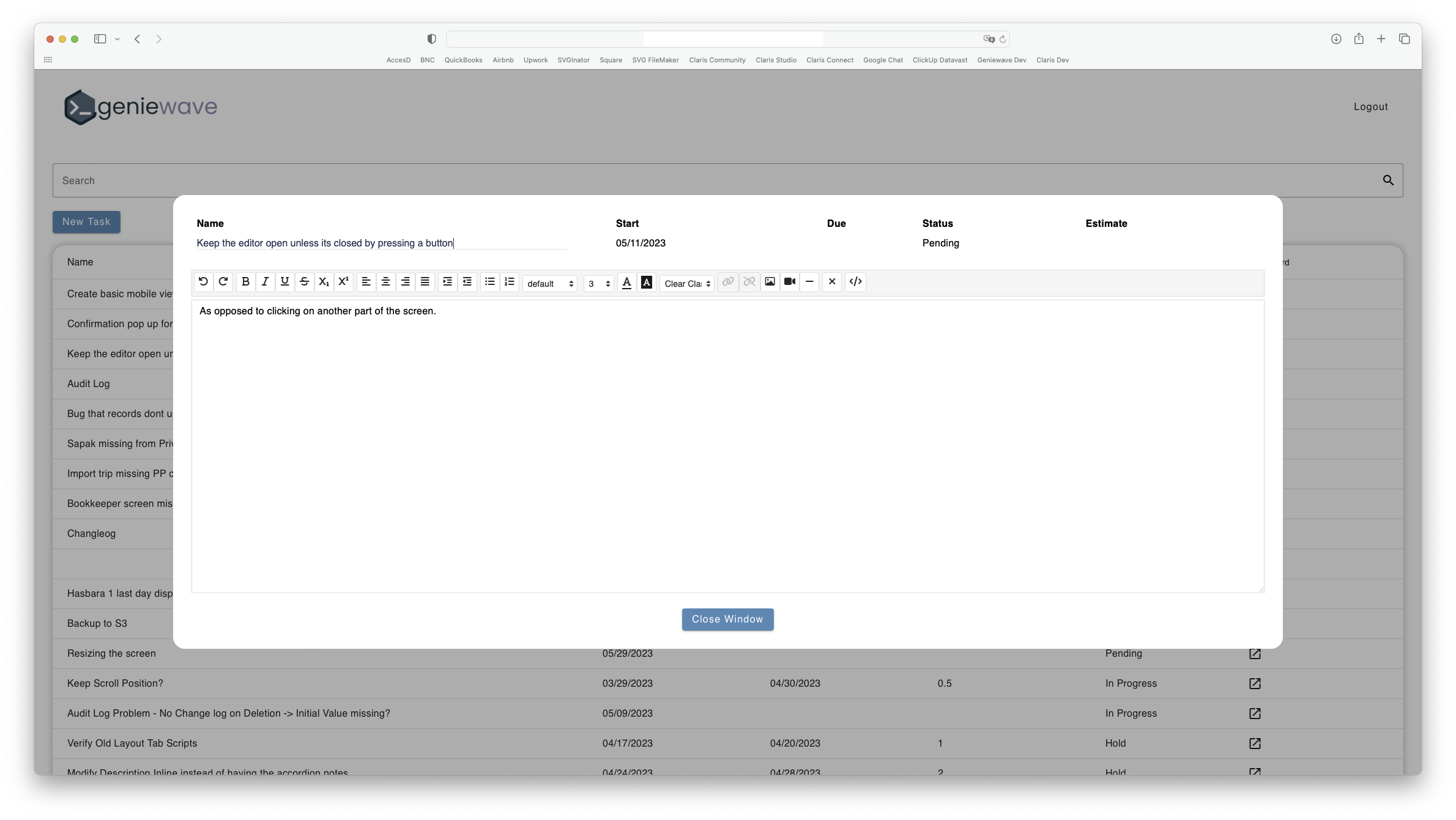 Screenshot of a computer screen showing a web application called Geniewave. The interface displays a list of tasks on the left and a pop-up editing window in th