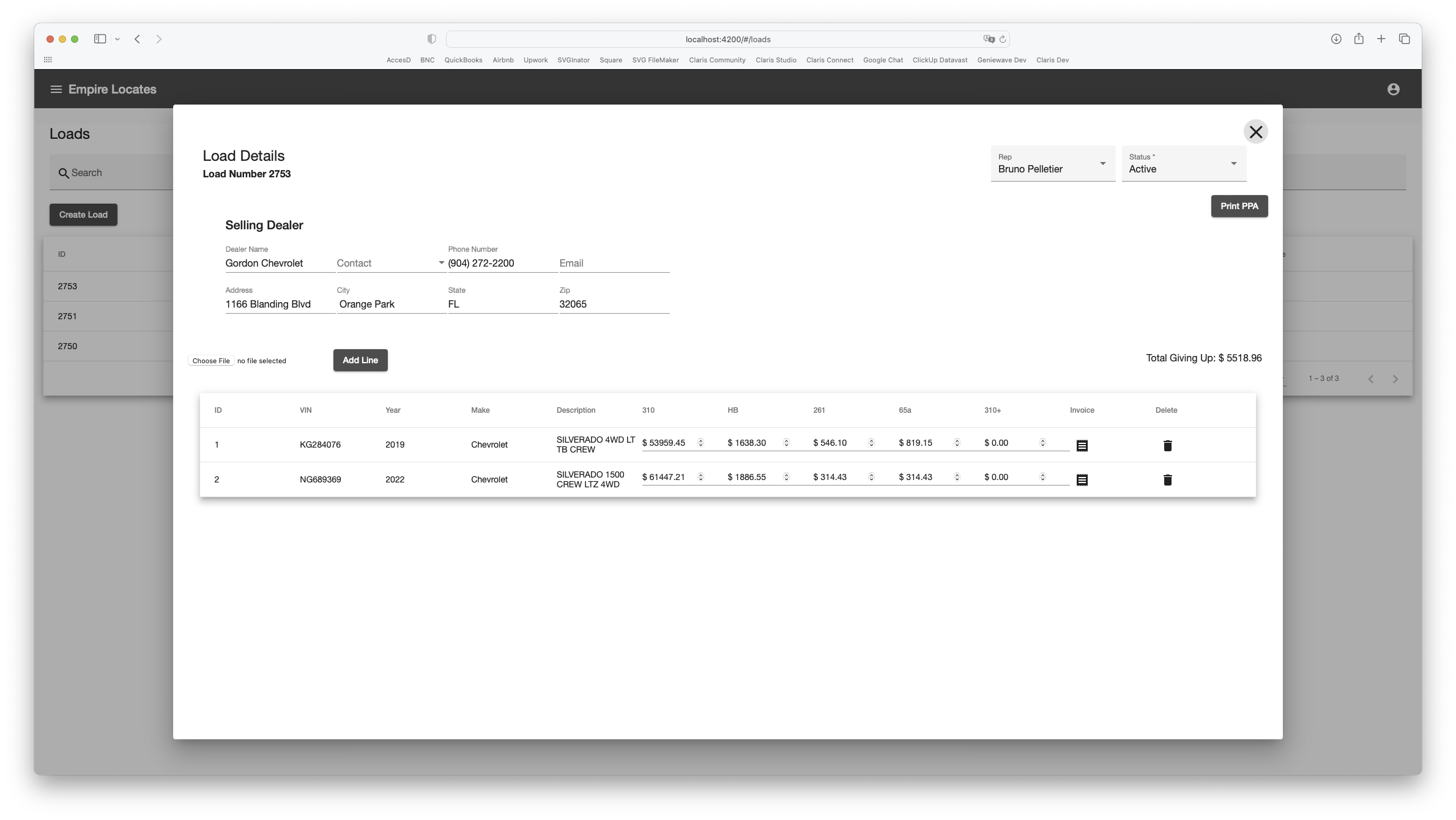 Screenshot of a web application displaying load details, including seller information and a table with vehicle data such as VIN, year, make, description, and pr