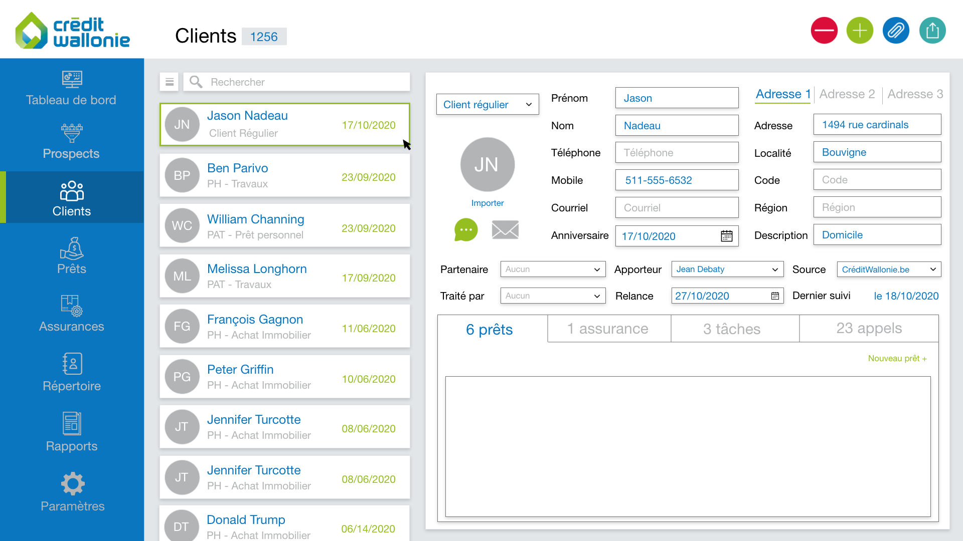 Credit Wallonie client management screen showing contact details for Jason Nadeau, including address, phone, email, birthday, notes, and credit information, wit