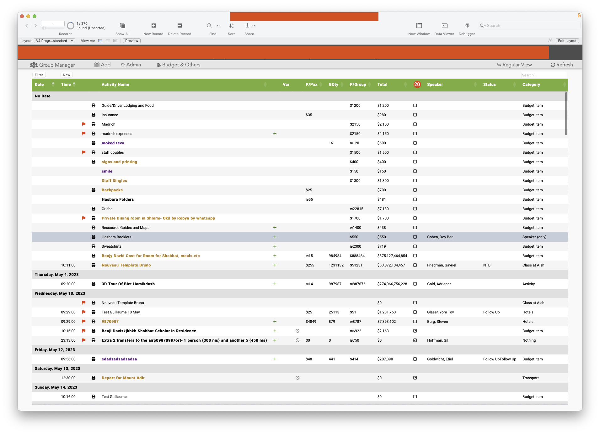 A digital budget spreadsheet with activity details, costs, and statuses, organized in columns with color-coded rows and text, including notes and flagged items.