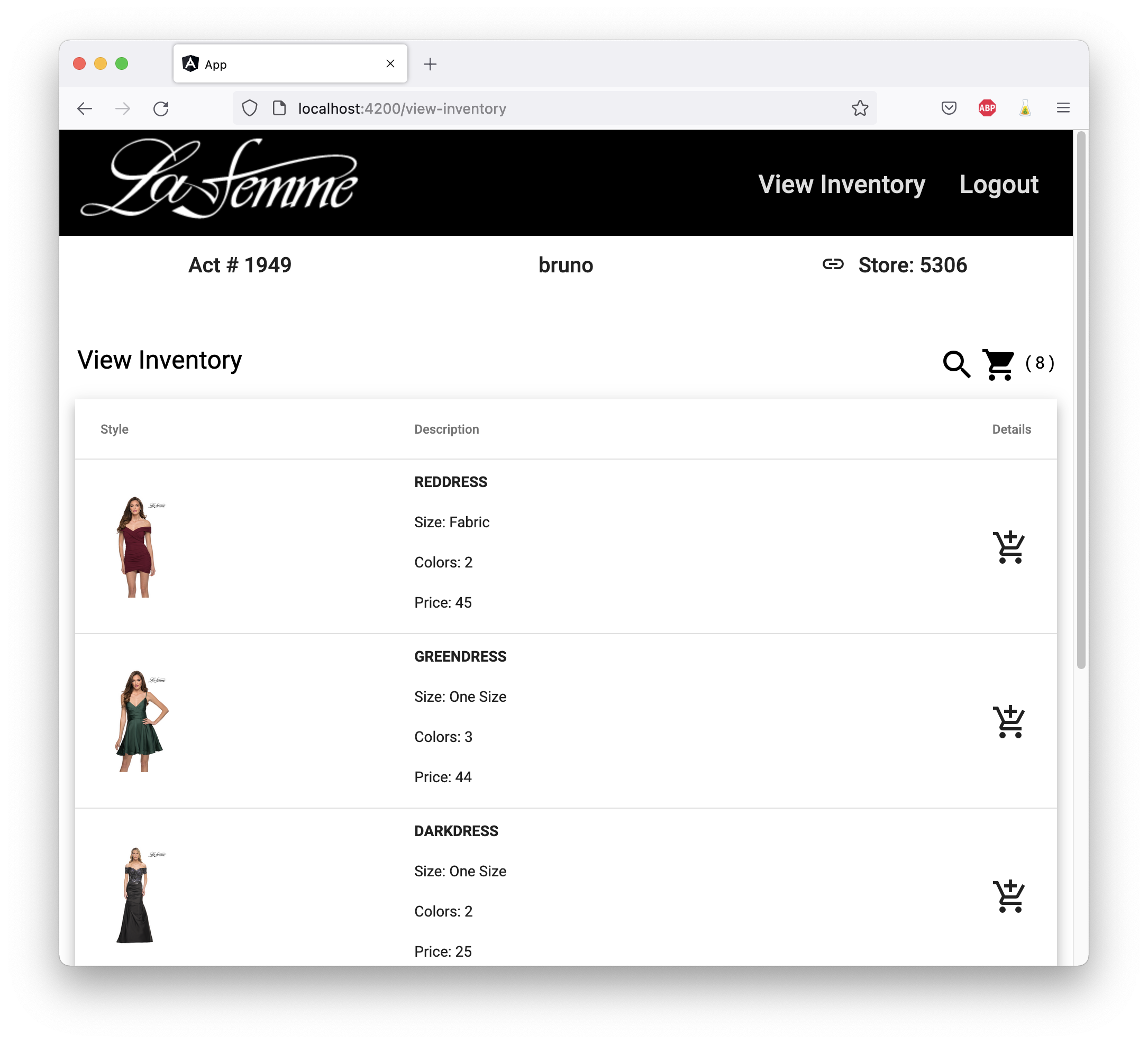 Screenshot of a fashion inventory web page displaying three dresses labeled Reddress, Greendress, and Darkdress, each with images, sizes, color options, and pri