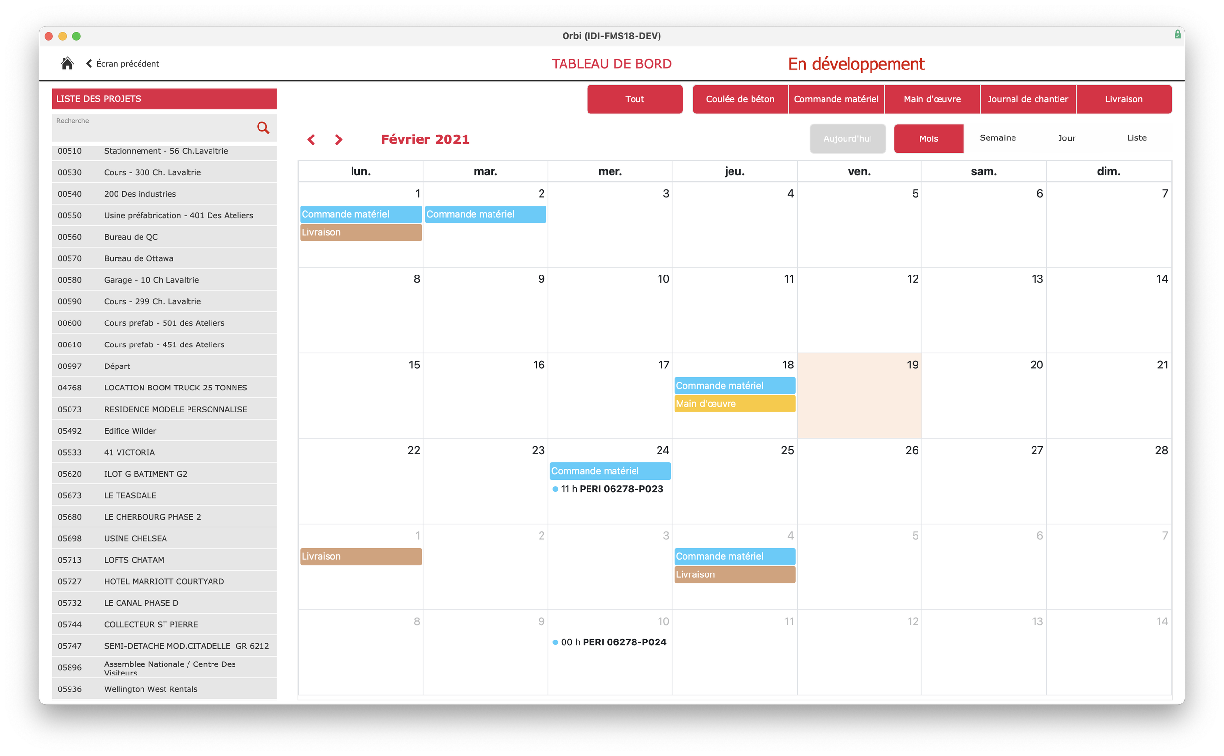 Project management dashboard displaying February 2021 schedule with tasks like equipment orders, delivery, and maintenance, alongside project list on the side.