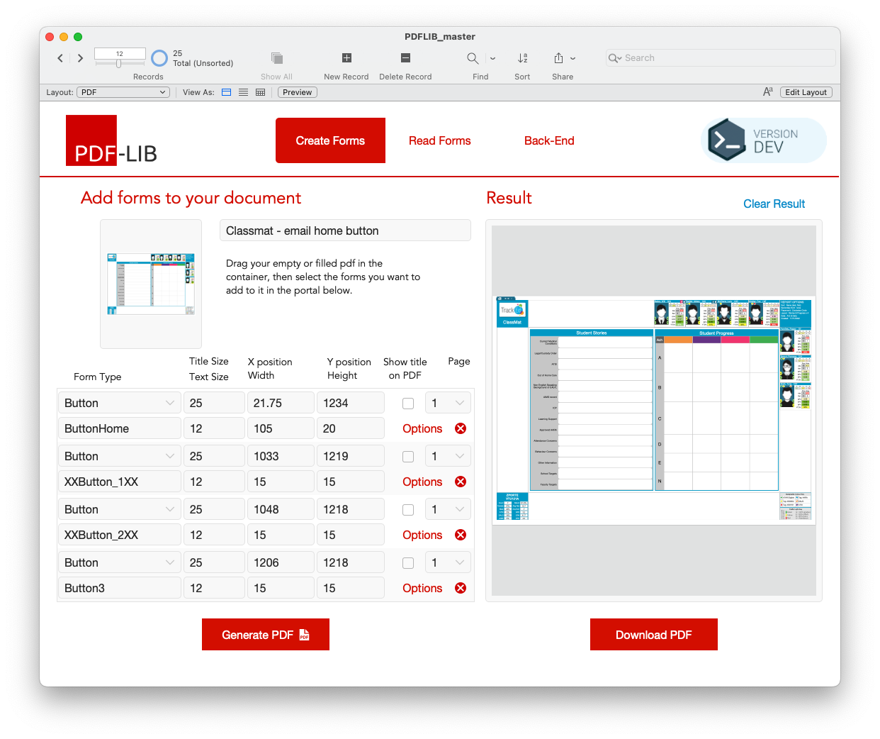 Screenshot of a PDF editing software interface for creating forms, with options to add various form buttons and customize their size and position, and buttons t