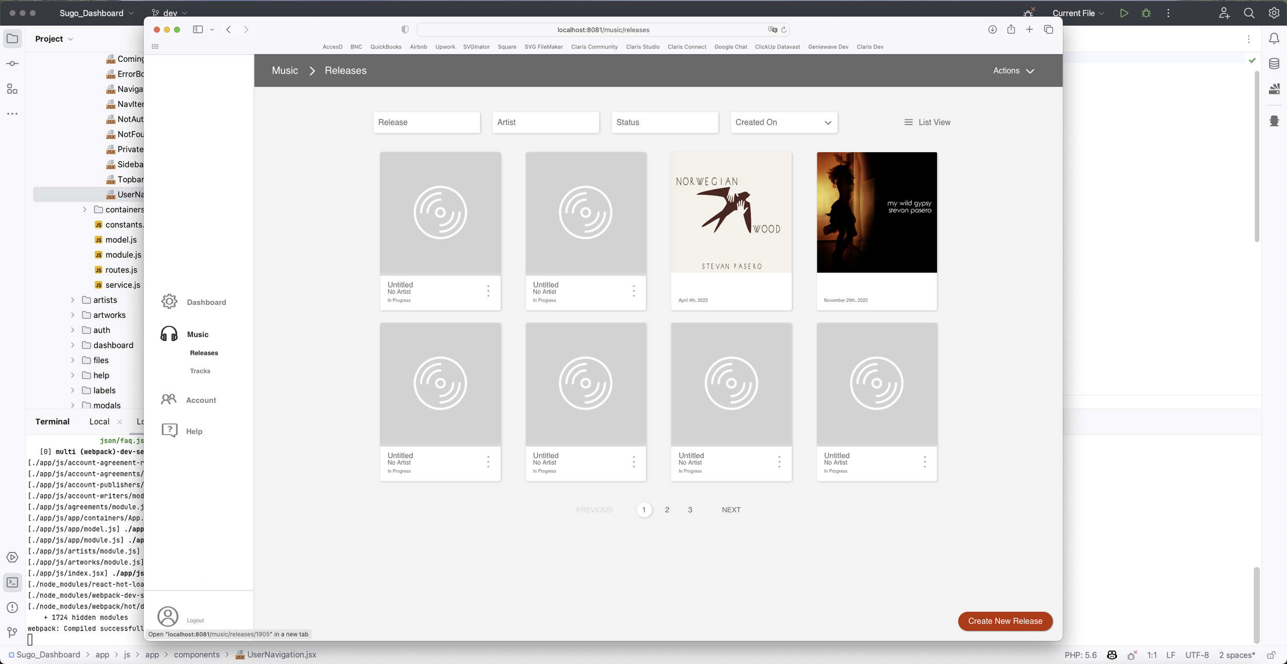 Music dashboard showing album releases with some album covers, including one titled 'Norwegian Wood' by Stevan Pasero, and several placeholder images for upcomi