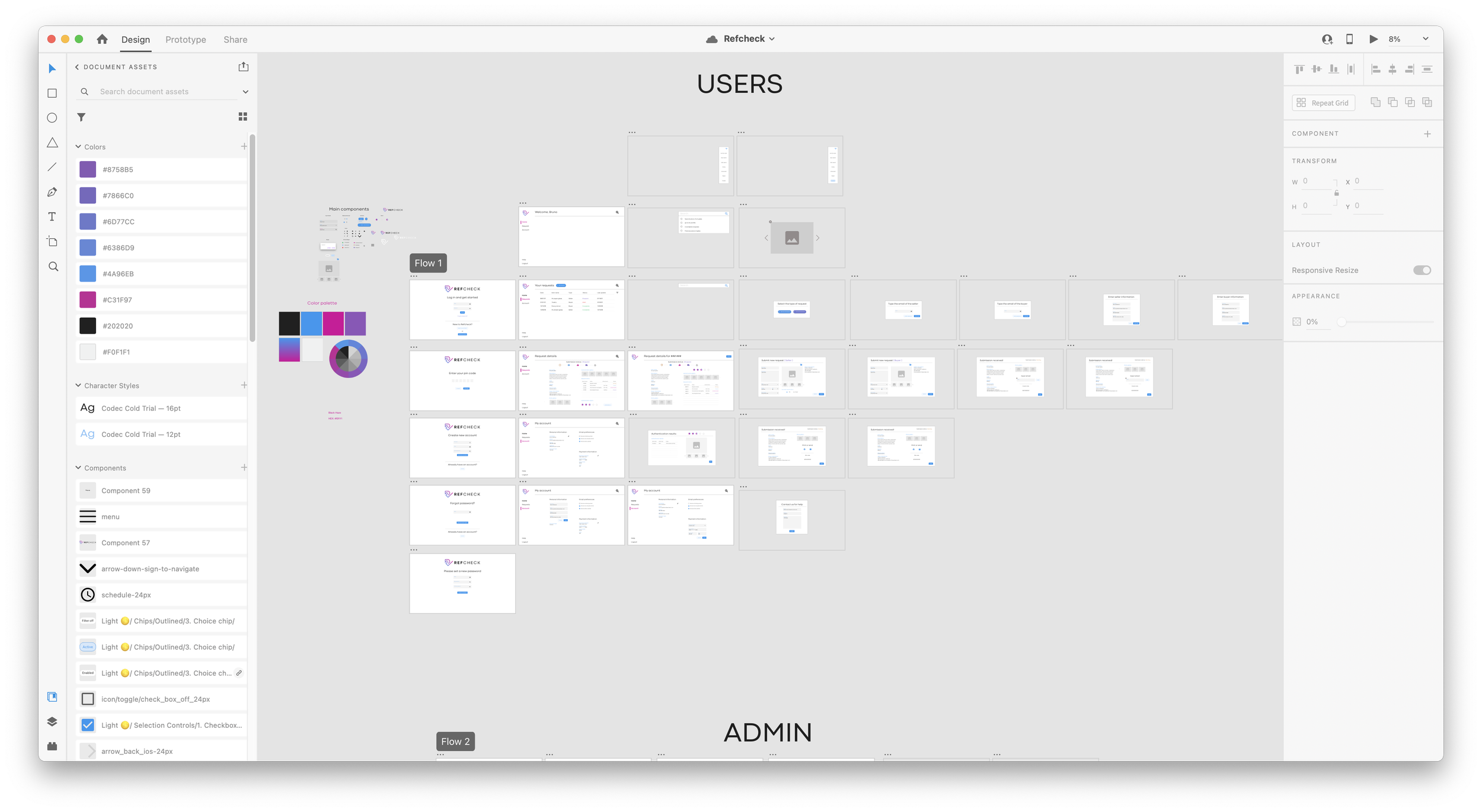 Screenshot of a design interface showing a project called USERS and ADMIN with multiple small preview images of user interface pages and components, a color pal