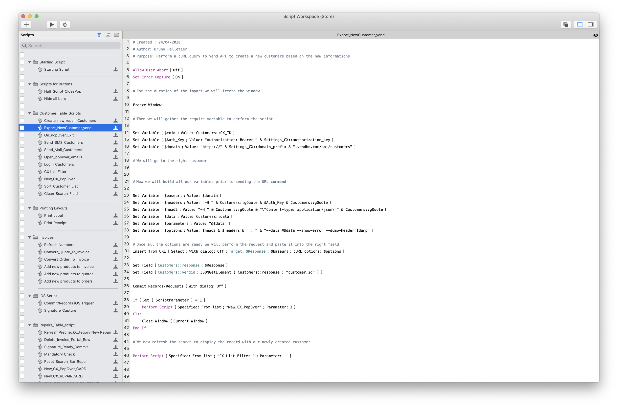 Screenshot of a script editor displaying code for a script managing customer data, including setting variables, making API requests, and updating records.