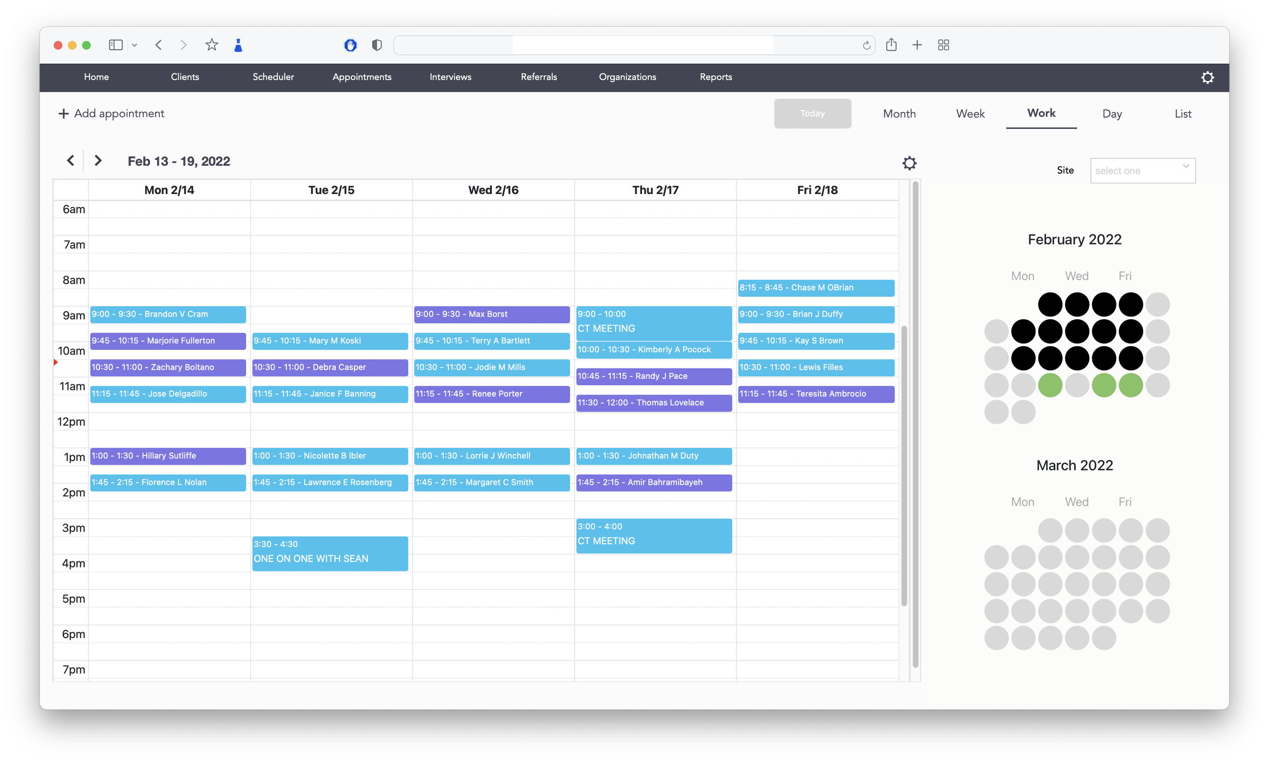 Computer screen displaying a weekly appointment scheduler with multiple appointments scheduled for February 14 to 19, 2022, organized by time slots each day, wi