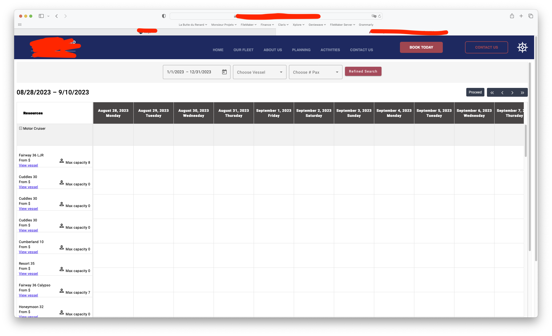 Screenshot of a web-based voyage or resource scheduling interface with a calendar from August 28, 2023, to September 10, 2023, displaying a list of vessels and 