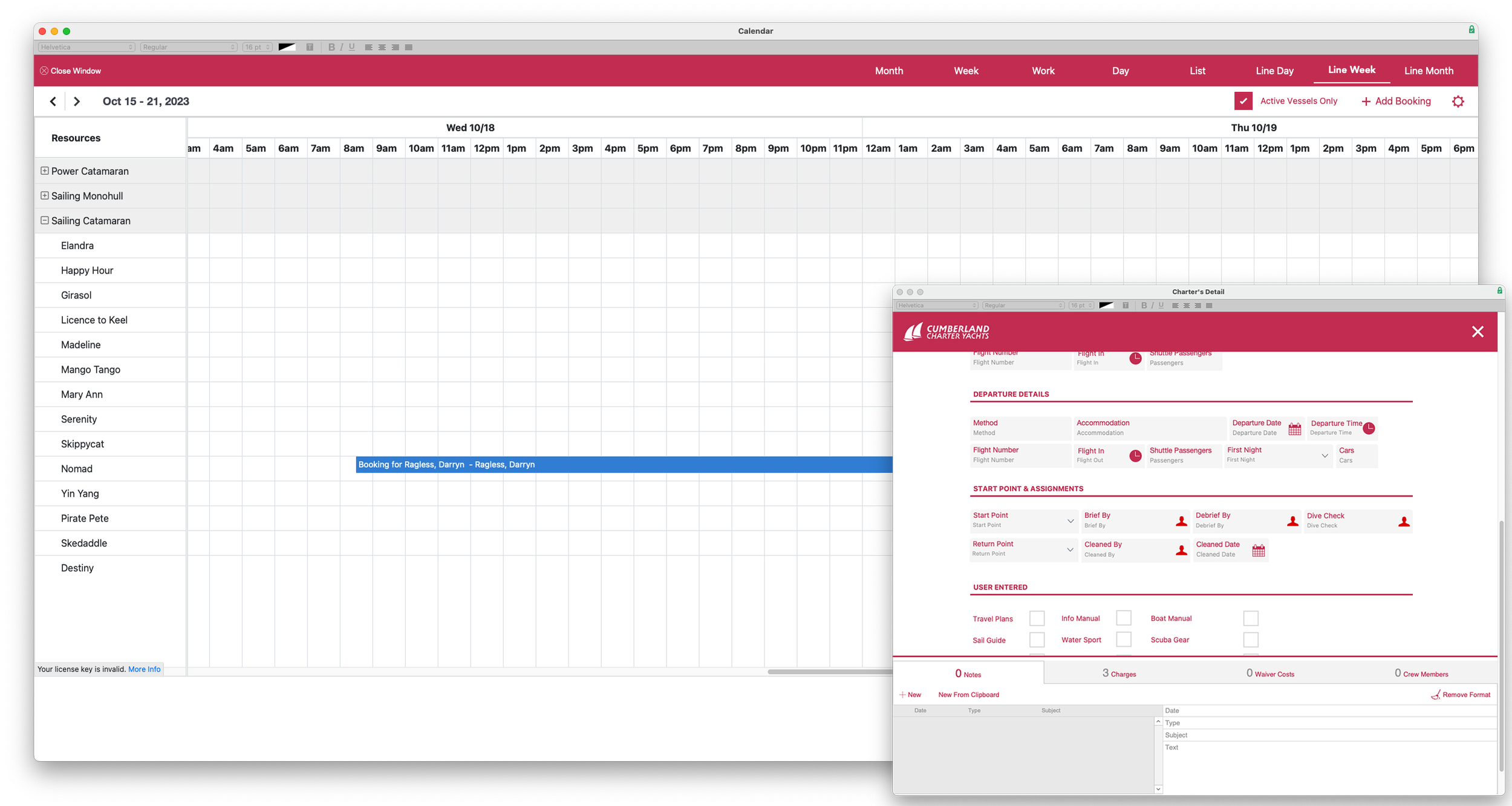 Screenshot of a digital calendar and a charter details window related to yacht bookings and trips, with resource names listed on the left and a booking highligh