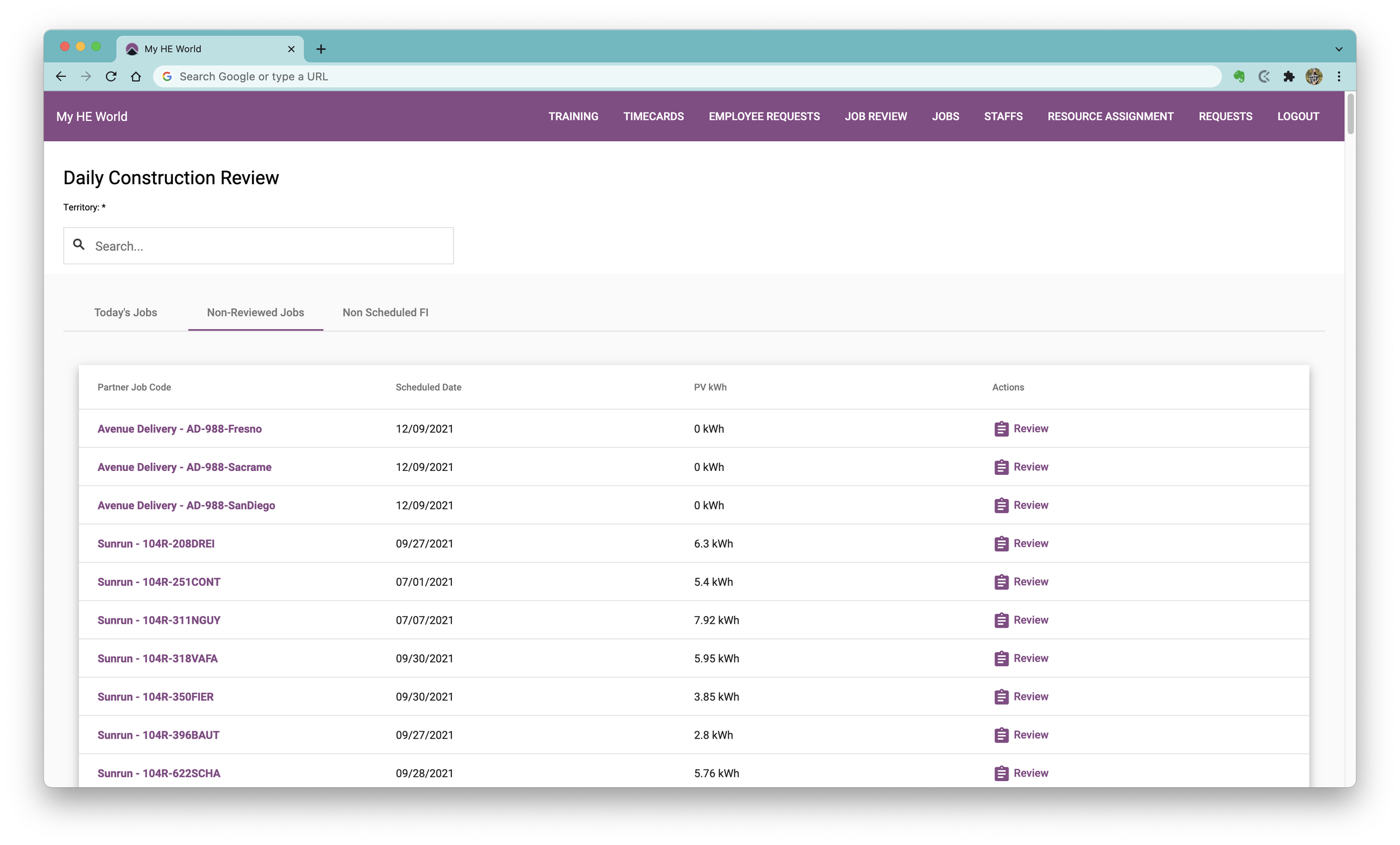 Job Review list pulled from FileMaker